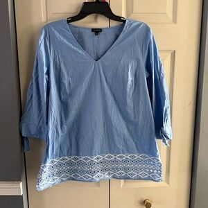 Talbots Blouse Women’s Blue Cotton Embroidered Eyelet 3/4 Sleeve Top Size M